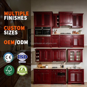 HAPPY HOUSES Luxury Classic <strong>Dark</strong> Red Louvered Full Kitchen Cabinets Sets Solid Wood Oak Custom with Integrated Appliance Housing - Product Image 1