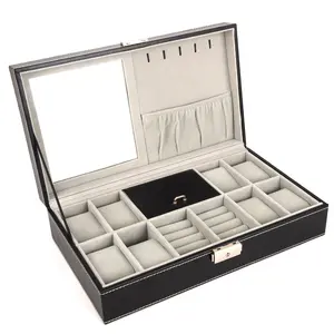 rectangular watch box 8slot watch +2raw rings PU leather non-glass with mirror flat lock jewelry box