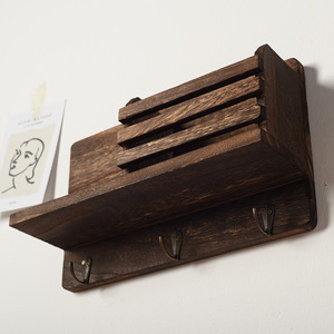 Wooden Wall <b>Shelf</b> With <b>Hooks</b> And Storage Compartment For Keys Clothes Bedroom Living Room Organization - Product Image 4