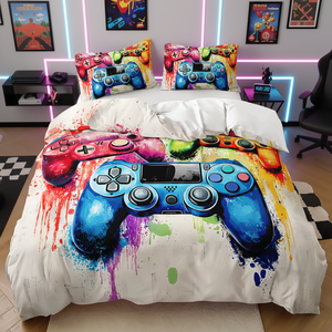 Juego de Funda Nórdica Gamer con Diseño de Arte Digital 3D Moderno en Poliéster con Controlador y Diseño de Salpicaduras - Product Image 1