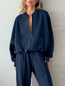 <span class=keywords><strong>Tuta</strong></span> da jogging da <span class=keywords><strong>donna</strong></span> a due pezzi con collo alto a costine, colore tinta unita, con cerniera imbottita, casual, produzione OEM ODM con MOQ basso - Product Image 3