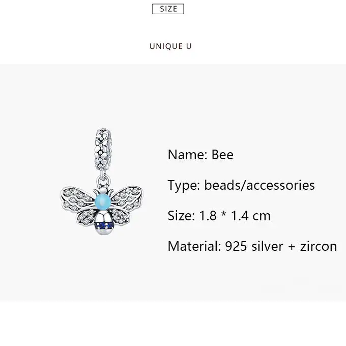 Venta al por mayor DIY pulsera 925 plata esterlina brillante circón azul abeja encanto Animal colgante
