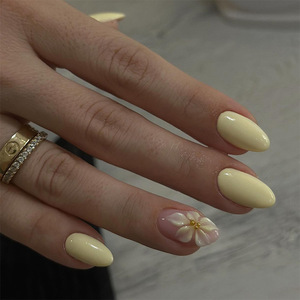 Faux ongles à presser 3D motif fleur jaune amande, amovibles, élégants, pour la vente en gros - Product Image 1