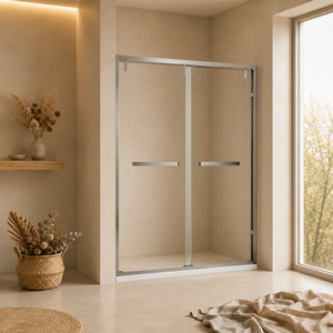 <span class=keywords><strong>Porte</strong></span> de douche <span class=keywords><strong>coulissante</strong></span> à passage direct 47-71 po x 79 po, cadre en acier inoxydable chromé, verre trempé, double panneau, avec barre <span class=keywords><strong>porte</strong></span>-serviettes et poignée - Product Image 1
