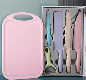 Set di coltelli colorati in acciaio inossidabile da 7 pezzi coltelli da cucina per frutta e verdura Set di coltelli in paglia di grano con tagliere
