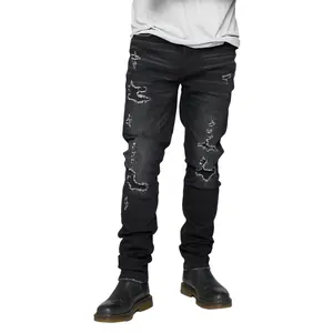 Manufacturers Customized men's Stretch Slim fit Jeans with Ripped Wholesale Black wash denim pants