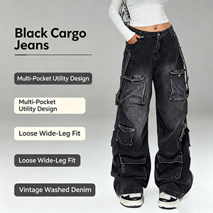 Jeans Hip Hop <span class=keywords><strong>pour</strong></span> femmes, taille basse, baggy, jambes larges, cargo, poches, style grunge, vêtements en denim Hip Hop - Product Image 1