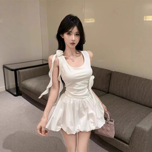 White Halter Neck Vest <b>Dress</b> For Women <b>Elastic</b> Waist A Line Skirt Breathable Daily Casual Style - Product Image 3
