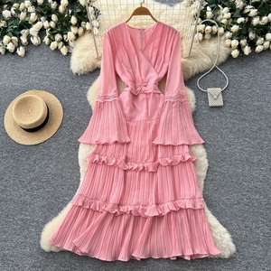 Vintage V-neck Dress Women's Elegant Long Sleeve <b>Glitter</b> Tiered Hem Maxi Dress - Product Image 1