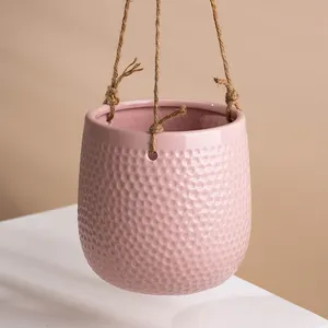 Embossed Design Indoor Flower Pots Hanger Plants Honeycomb Hanging Baskets With Rope Wall Ceramic Hanging Pot Planters