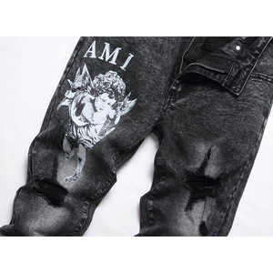 Jeans <span class=keywords><strong>Skinny</strong></span> Elasticizzati Neri Strappati da <span class=keywords><strong>Uomo</strong></span> RUICHI - <span class=keywords><strong>Pantaloni</strong></span> in Denim con Stampa Angelo per Moda Streetwear - Product Image 3