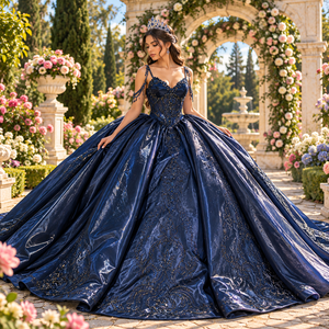 ชุดราตรีงาน Quinceanera สีน้ำเงินกรมท่า รุ่น Dy1597 ดีไซน์หรูหรา สายเดี่ยวประดับลูกปัด กระโปรงผ้าซาติน ยี่ห้อ Jancember - Product Image 1
