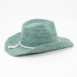 Chapeau de cowgirl turquoise au crochet fait à la main avec perles coupe <span class=keywords><strong>paille</strong></span> raphia pour plage fête pêche voyage en plein air usage décontracté - Product Image 5