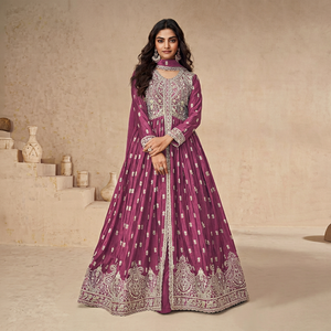 Robe Anarkali Salwar Kameez pour femme, style indien pakistanais, bleue, brodée, longue, coupe trapèze, en satin, séchage rapide, avec dupatta - Product Image 1