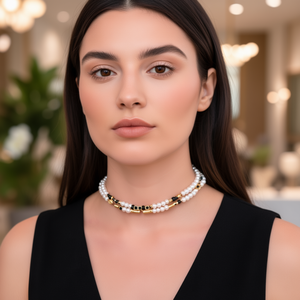 Collier ras du cou superposé en fausses perles avec placage or et accents noirs, style classique pour femme, bijoux de mode pour soirée - Product Image 3