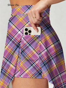 <strong>Women</strong> Classic Pink Purple Plaid Skort <strong>Tartan</strong> Checkered Athletic Tennis <strong>Skirt</strong> with Phone Pocket High Waisted Gym Wear - Product Image 3