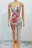 Ocstrade Vocal Concert Dance Performance Wear Robe de club en maille Voir à travers la robe sexy à paillettes scintillantes Rhinestone Fringe Tassel Dress