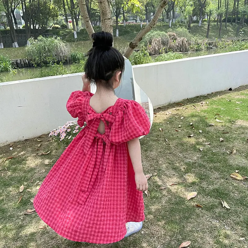 Girls' Bubble Sleeve Dress 2023 Summer New Children's Checkered Skirt Fashion Baby Clothes