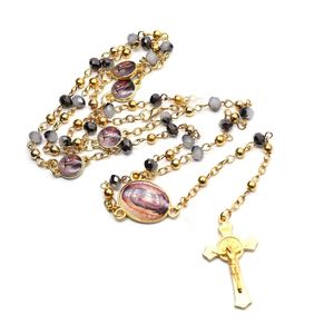 Collar de Rosario con Cuentas de Cristal Curvadas a Mano, Cadena de Metal, Joyería de Cristal de María para Rezar - Product Image 6