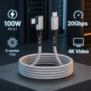 Cable USB-C LUNGKAY de 100W y 20Gbps, con Ángulo Recto de 90 Grados, Cable de Datos y Video 4K con Chip E-marker, OEM/ODM, Nylon Trenzado Resistente - Product Image 1