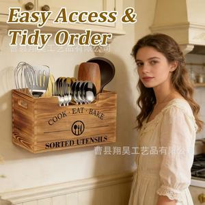 Wooden Cutlery Storage Box Solid Wood Rectangle With Compartments For <b>Kitchen</b> Utensil Organization - Product Image 3