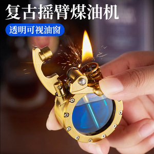 Encendedor de queroseno transparente con tanque de aceite, estilo retro, brazo basculante, a prueba de viento, de metal, acabado dorado cepillado y plateado con moleteado. - Product Image 5