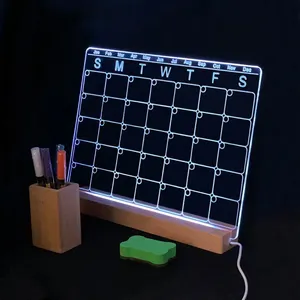 Lâmpada led de acrílico criativa, luz de led com calendário 3d ilusão base de madeira sólida quadro de mensagens luz noturna com canetas