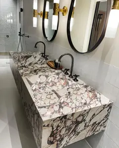 HUAXU-Lavabo doble de mármol Calacatta para viola, pedido personalizado, tocador montado en la pared para tocador o baño, lavabo de baño de montaje en pared