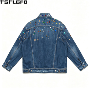 Veste en jean trucker délavée et vieillie personnalisée pour homme, bleue, avec strass colorés, vente en gros - Product Image 4