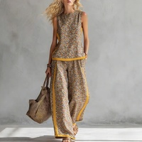 Nouvel ensemble pantalon large contrastant sans manches de style européen et américain pour femme – Tenue décontractée d'été tendance deux pièces