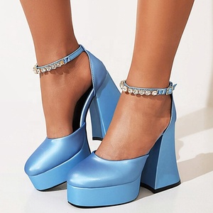 Sandales d'été élégantes pour femme à talon épais, bout carré, avec bride à boucle ornée de diamants, chaussures habillées pour mariages et soirées, taille 43 - Product Image 1