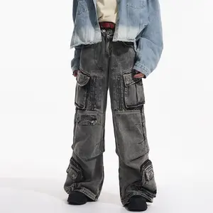Baggy Trousers High Rise Double Waistband Baggy Fit Cargo Jeans Multi Pockets Faded Washed Denim Bufa Hip Hop Women Casual Woven