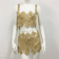 Ventes chaudes, chemisier et jupe pour femmes, ensemble deux pièces, robe en patchwork avec strass, mode sans manches, dos nu, tenue de boîte de nuit