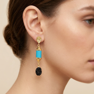 Black Sugar Druzy & Blue Turquoise 18K Gold Plated Brass <b>Drop</b> Earrings Neo-Gothic Statement Jewelry for Women - Product Image 1