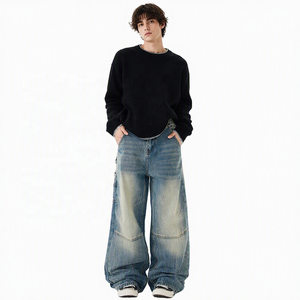 Özel Logo Baskılı Bol Paça Geniş Kesim Kot Pantolon Büyük Beden Eskitme Kot Marangoz Pantolonu Sokak Modası Takım Üniforması Kabartmalı Toptan - Product Image 2