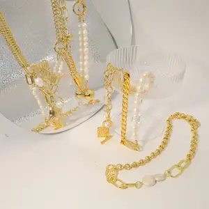 Collier pendentif perle d'eau douce en forme de Y Collier de perles en acier inoxydable Bijoux pour femmes