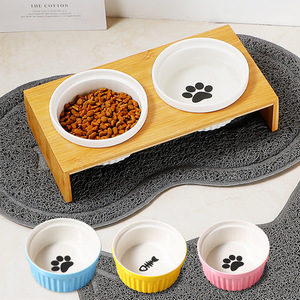 Ensemble de gamelles en céramique pour chat avec support en bambou, station d'alimentation surélevée pour chats, double gamelle pour nourriture et eau pour animaux de compagnie - Product Image 1