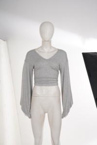 Women's V Neck Bell Sleeve Crop Top Ruched Waist Slim Fit Soft Stretch Casual <b>Y2K</b> Fashion Long Sleeve T <b>Shirt</b> - Product Image 6