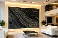 Marbre noir naturel de la Forêt-Noire, base noire profonde avec des veines ondulées superposées, poli moderne pour les sols de villas de luxe, salons et salles à manger