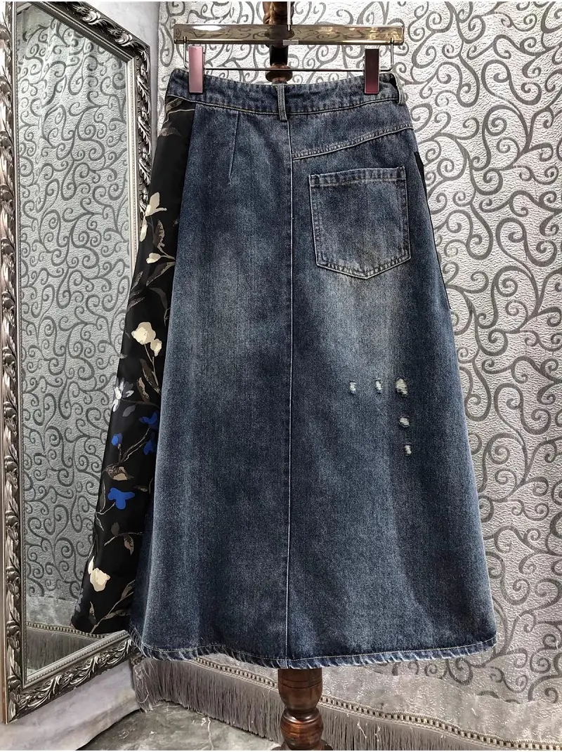 Chất Lượng Hàng Đầu New Denim Dài Váy 2024 Mùa Xuân Mùa Hè Thiết Kế Thời Trang Phụ Nữ Cổ Điển In Chắp Vá Giản Dị Dài Jeans Váy