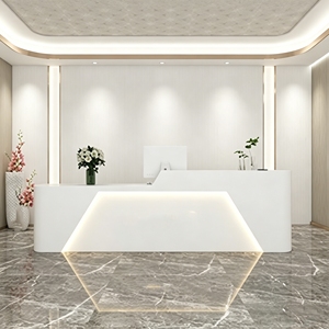 CR169 Elegante Mostrador de Recepción para Salón, Mostrador Hexagonal Iluminado para Tienda Minorista, Mostrador de Información de Tablero de Densidad Media para Salón de Uñas - Product Image 1