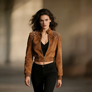 Abrigo Corto de Gamuza Marrón con Tachuelas para Mujer – Estilo Americano Vintage, Disponible en Tallas Grandes, Cierre de Cremallera, Perfecto para Uso Diario - Product Image 4