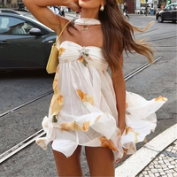 Robe d'été pour femmes décontractée imprimée plissée avec col foulard Robe courte Lady Party Beach Robe Sleeveless Off Shoulder Vestido Mini Dresses