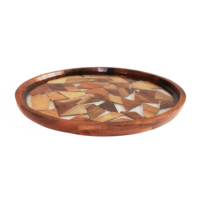 Plateau de service en bois d'acacia naturel avec des pièces géométriques décoratives en bois, plateau rond en bois pour la décoration de la table basse à la maison