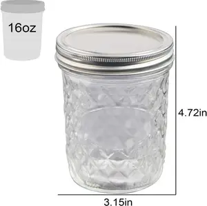 गर्म बेचने 4oz 8oz 16oz Widemouth हीरे के आकार ग्लास कप मेसन जार सील ढक्कन के साथ ग्लास कप जेली रस के लिए