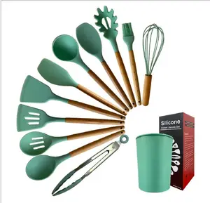 2021 Food Grade Customized Design Silicone Wooden Handle Kitchen Accessories Kitchenware Spatula Cooking Tools Utensils Set