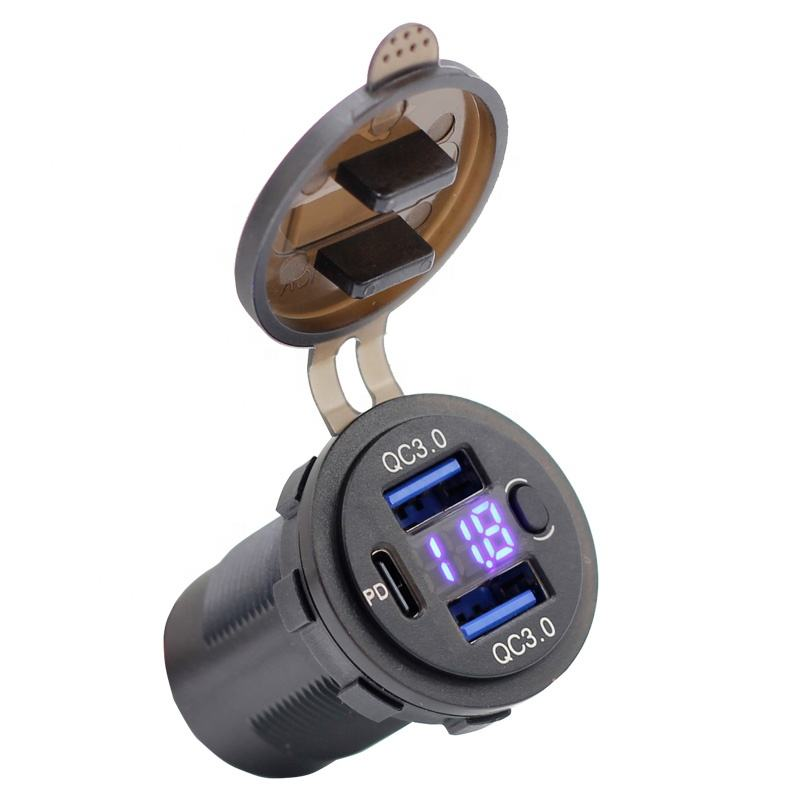 Dual USB QC 3.0 &amp; USB-C PD Car Charger | 12V–24V Fast Charging Adapter with LED Voltmeter &amp; Power Switch for Cars &amp; Motorcycles