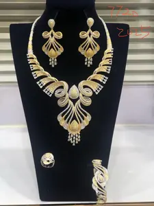 Xuping Jewelry Dubai Luxury Custom Full Diamonds Free Shipping Free Sample 24k Gold Plated Bridal Wedding Jewelry Set