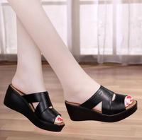 Sandales compensées d'été à semelle épaisse, chaussures à bout ouvert, sandales compensées en cuir pour femmes
