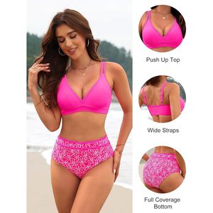 Traje de Baño de Dos Piezas FOXA para Mujer, Cintura Alta, Control de Abdomen, Escote en V Profundo, Estampado Floral, Spandex y Poliéster - Product Image 4